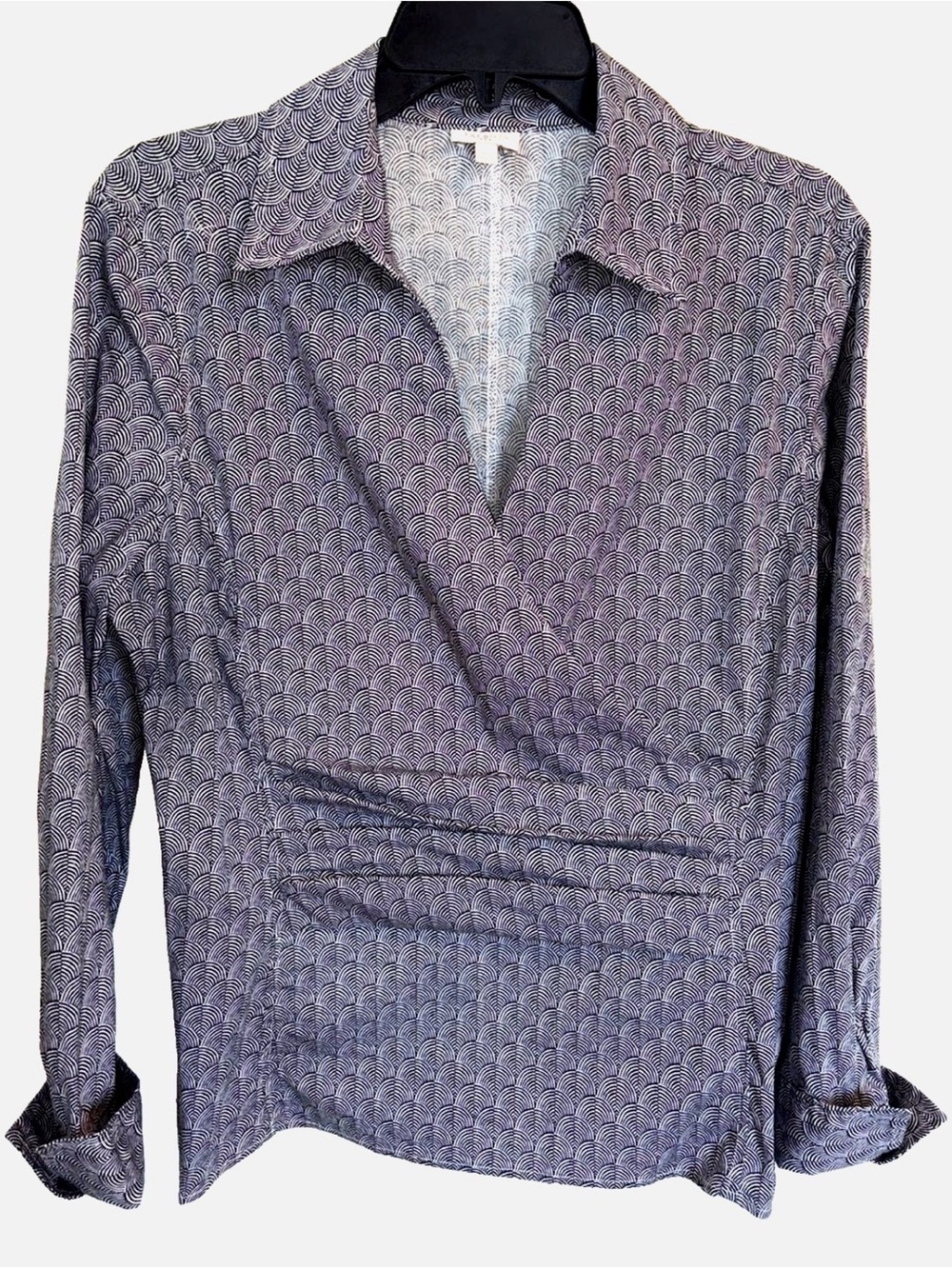 Talbots Faux Wrap Blouse Women’s 16 Black White Geometric Long Sleeve Top